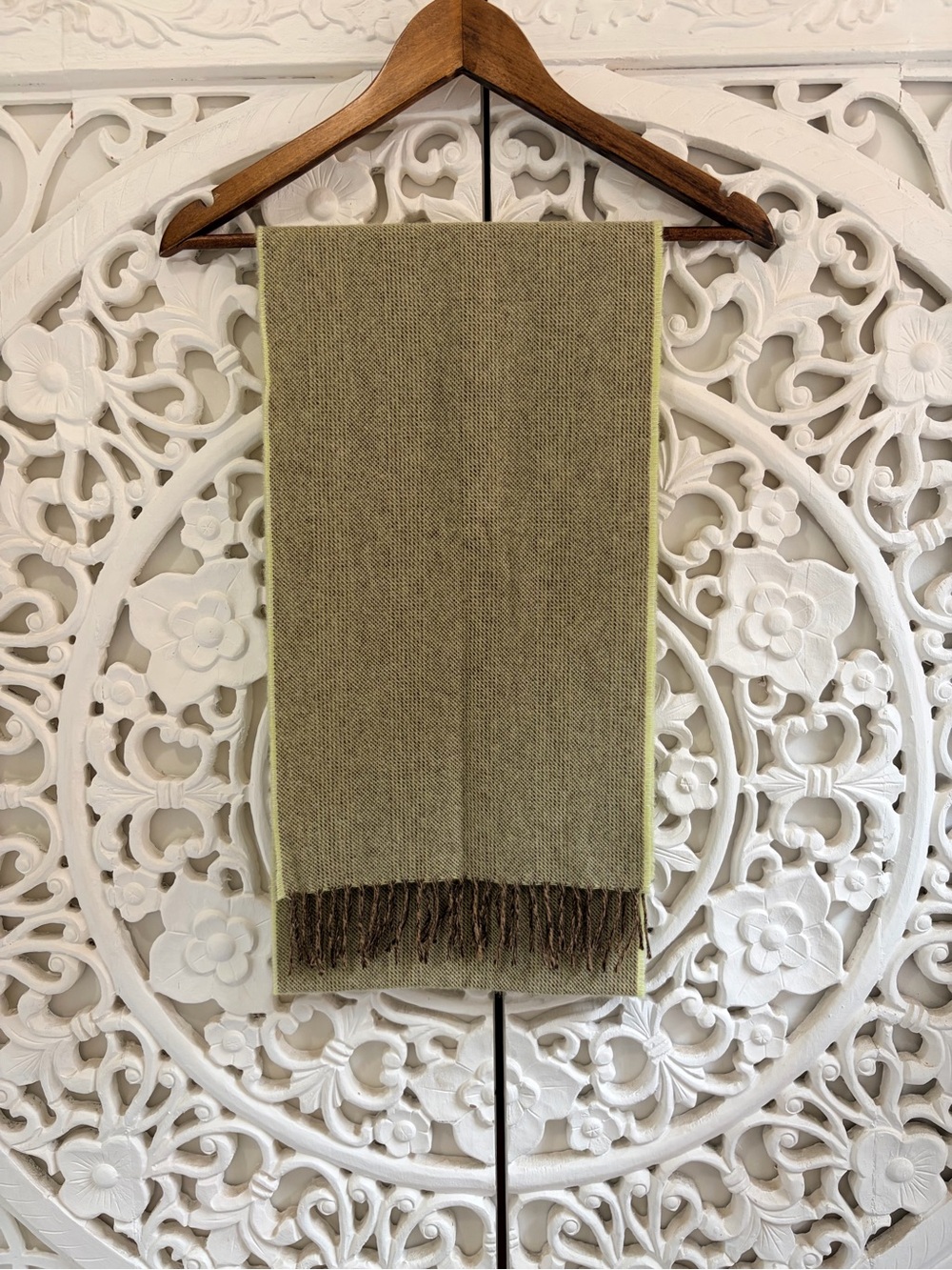 McNutt of Donegal Lambswool Olive Green Brown Woven Fringed Scarf